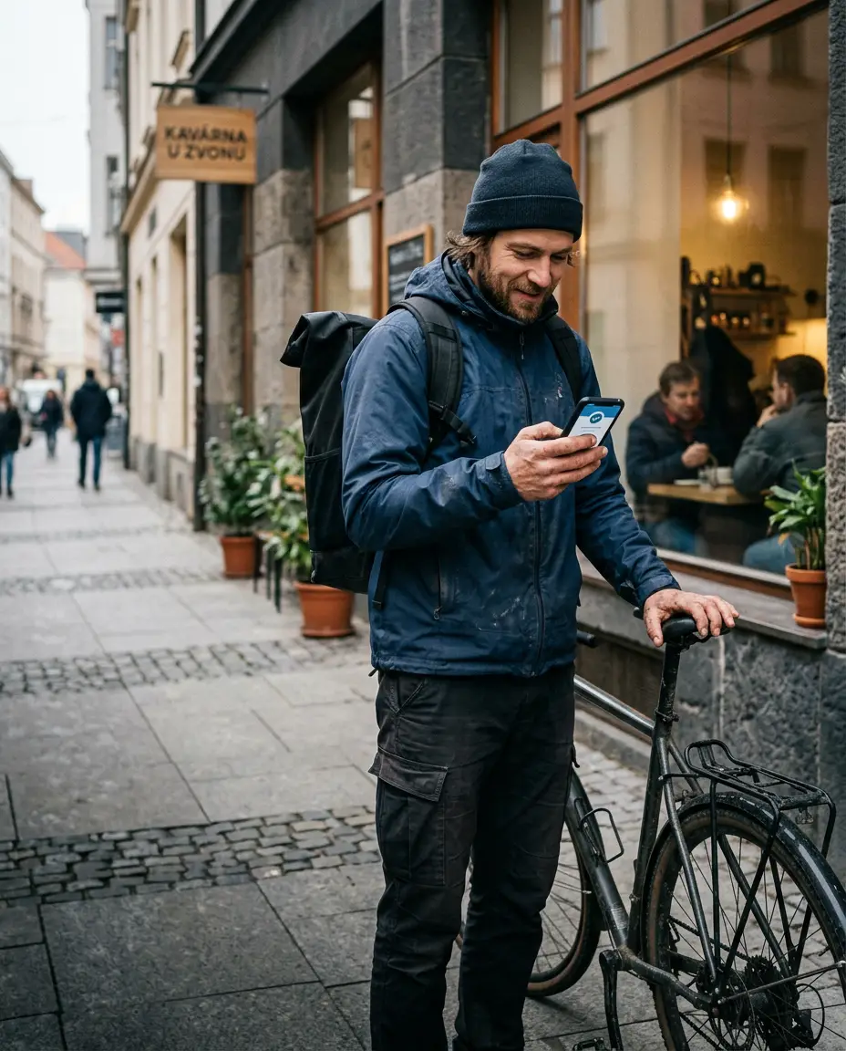 Kurýr kontroluje týdenní výplatu na telefonu